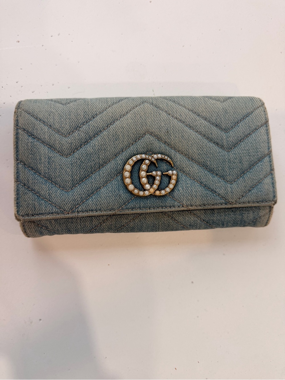 Gucci Blue Denim Chevron GG Wallet with Pearl-Embellished Logo
